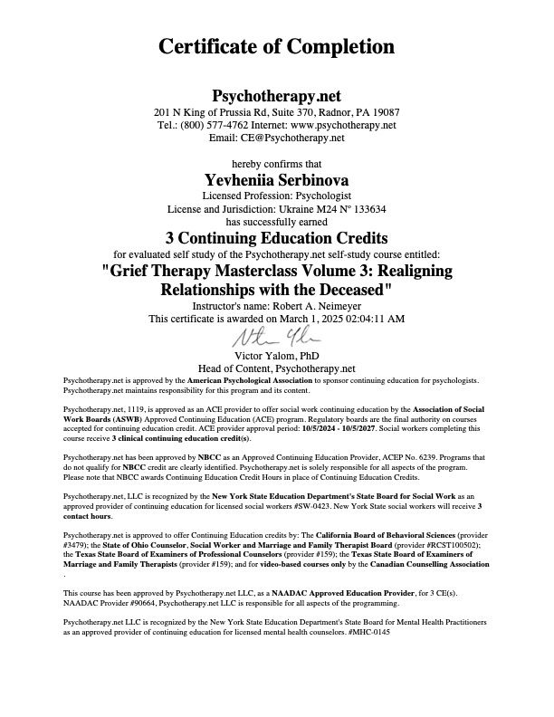 2025 - Grief Therapy Masterclass Volume 3: Realigning Relationships with the Deceased