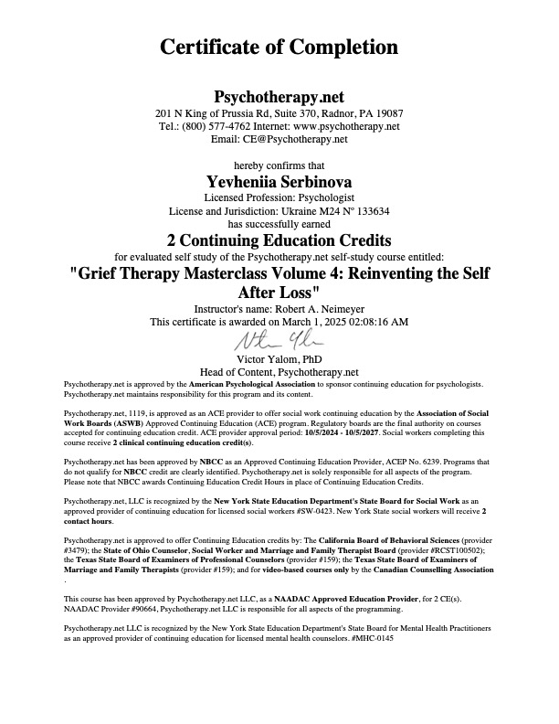 2025 - Grief Therapy Masterclass Volume 4: Reinventing the Self After Loss