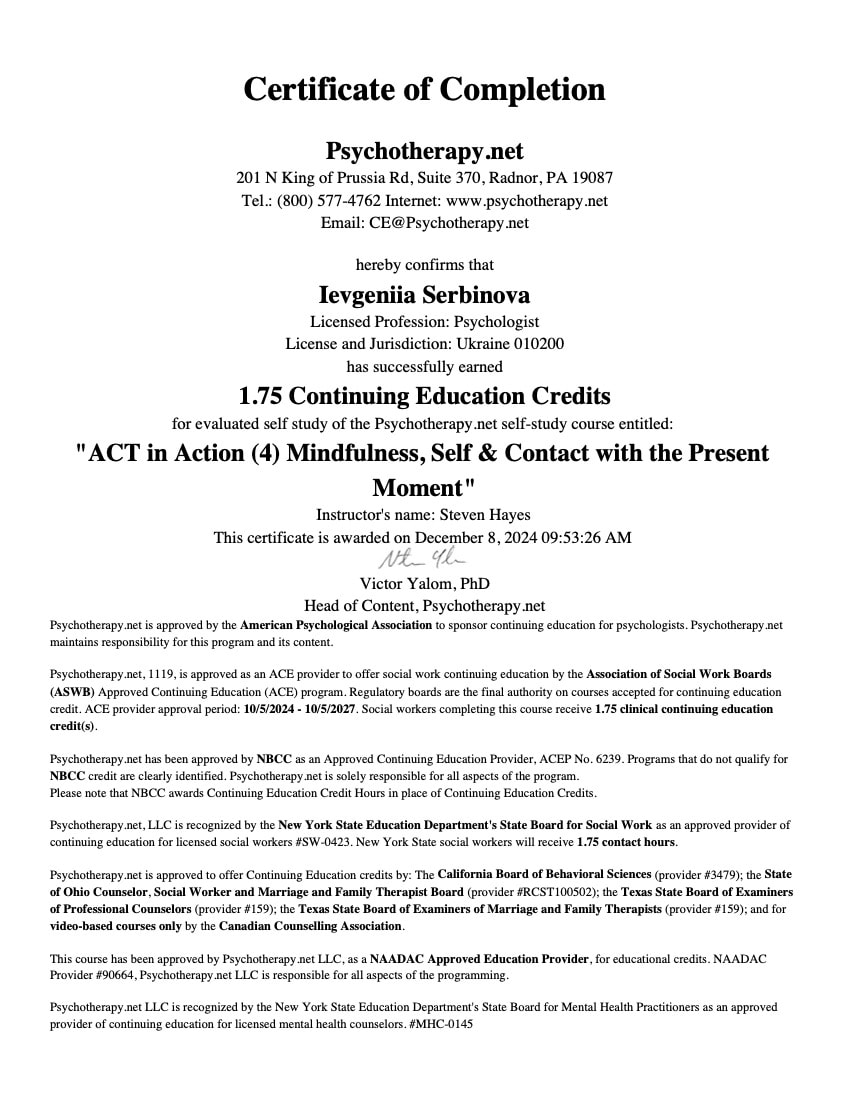 2024 - ACT in Action (4) Mindfulness, Self & Contact with the Present Moment
