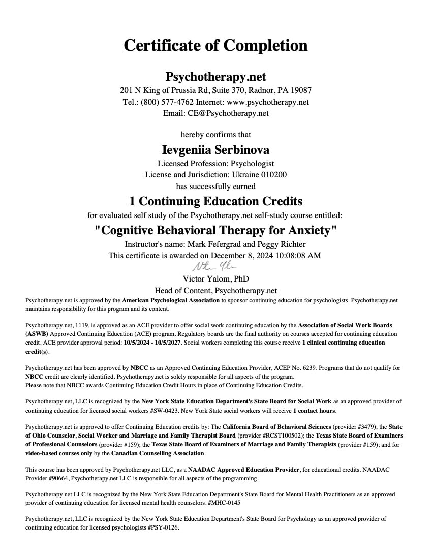2024 - Cognitive Behavioral Therapy for Anxiety