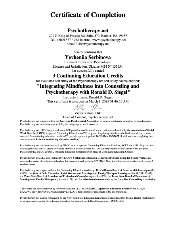 2025 - Integrating Mindfulness into Counseling and Psychotherapy with Ronald D. Siegel