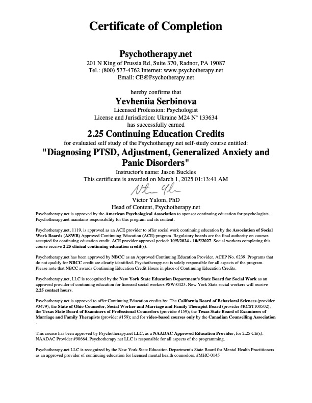 2025 - Diagnosing PTSD, Adjustment, Generalized Anxiety and Panic Disorders